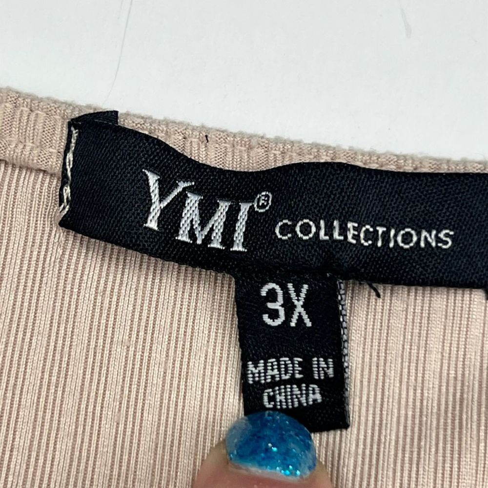 YMI Faux Wrap Womens 3X Neutral Tan Ribbed Texture Tie Back Casual Stretchy Top - Picture 5 of 9
